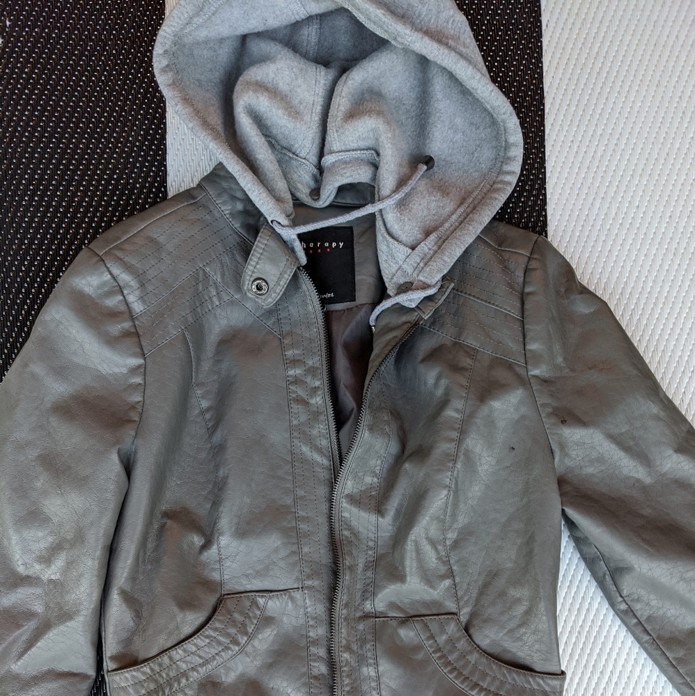 Women's Grey Pleather Bomber Jacket with Gray Hood